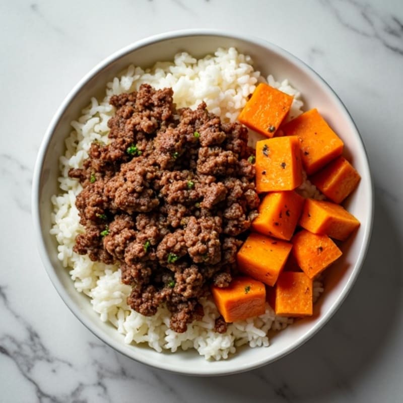 Savory Ground Beef Bowl with Roasted Sweet Potatoes and Fluffy White Rice