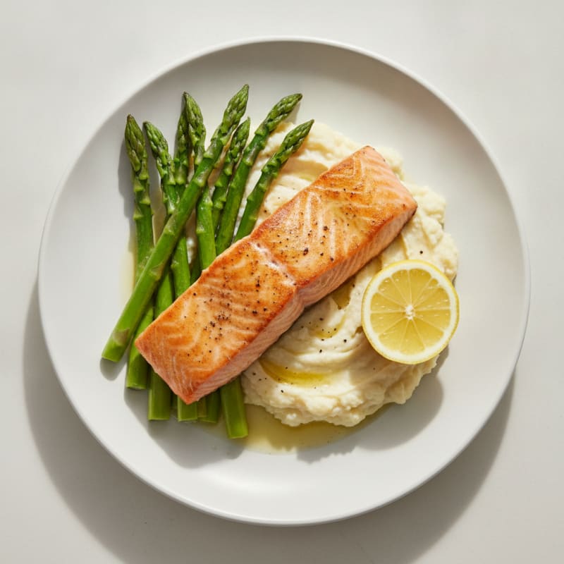 Seared Salmon with Steamed Asparagus and Cauliflower Mash