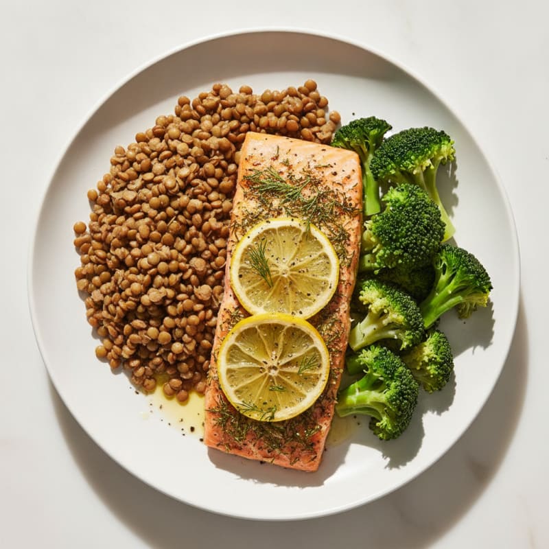 Herb-Baked Salmon with Steamed Broccoli and Lentils