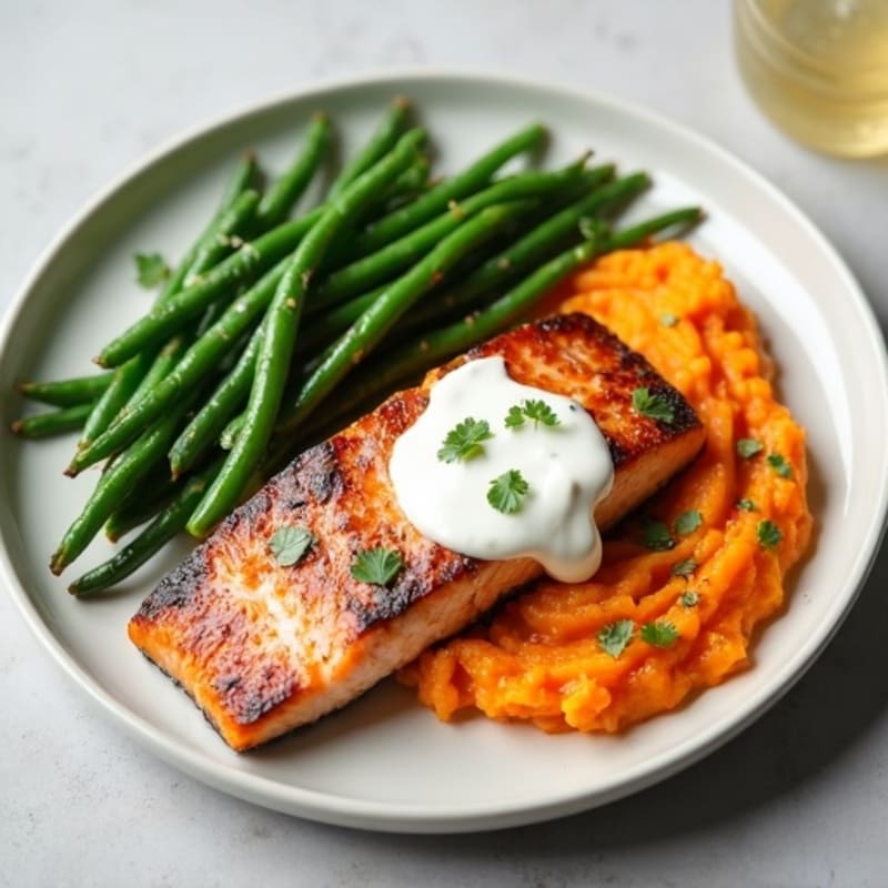 Seared Salmon with Steamed Green Beans and Sweet Potato Mash