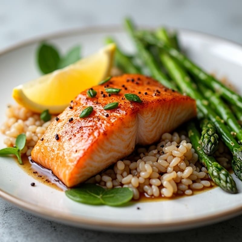 Seared Salmon with Steamed Asparagus and Brown Rice