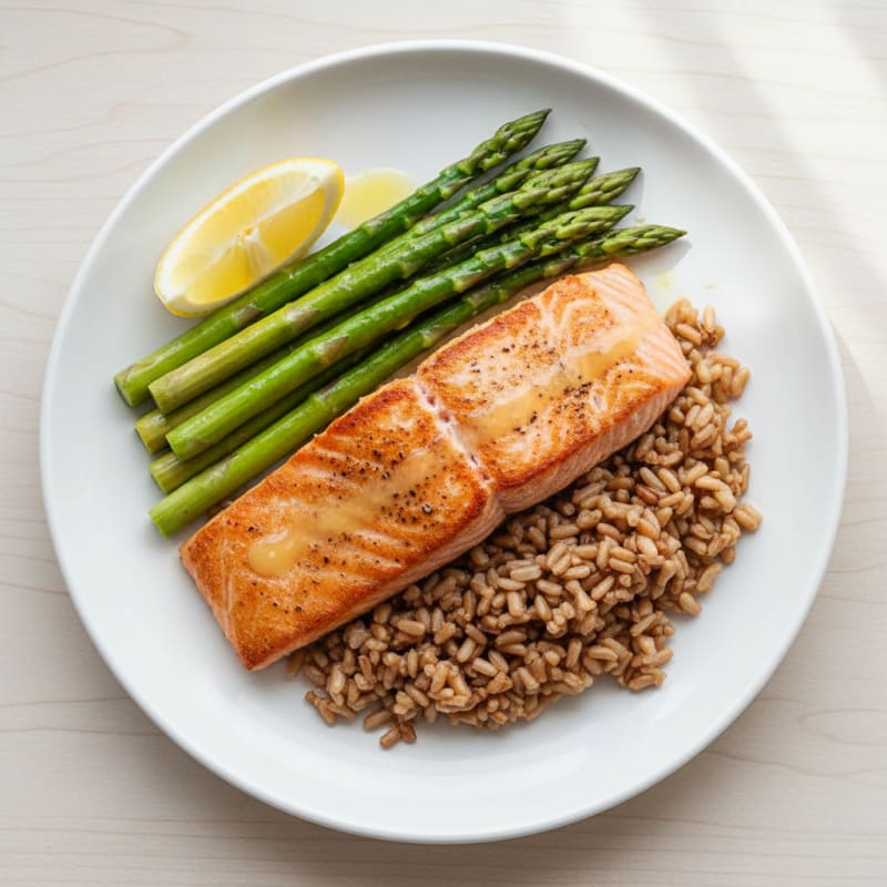 Seared Salmon Fillet with Steamed Asparagus and Brown Rice