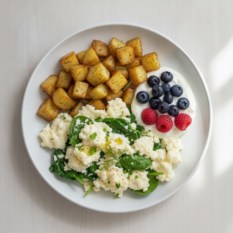 Egg White and Spinach Scramble with Roasted Potatoes and Greek Yogurt
