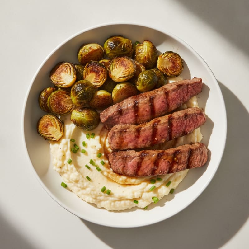 Seared Lean Beef Strips with Roasted Brussels Sprouts and Cauliflower Mash