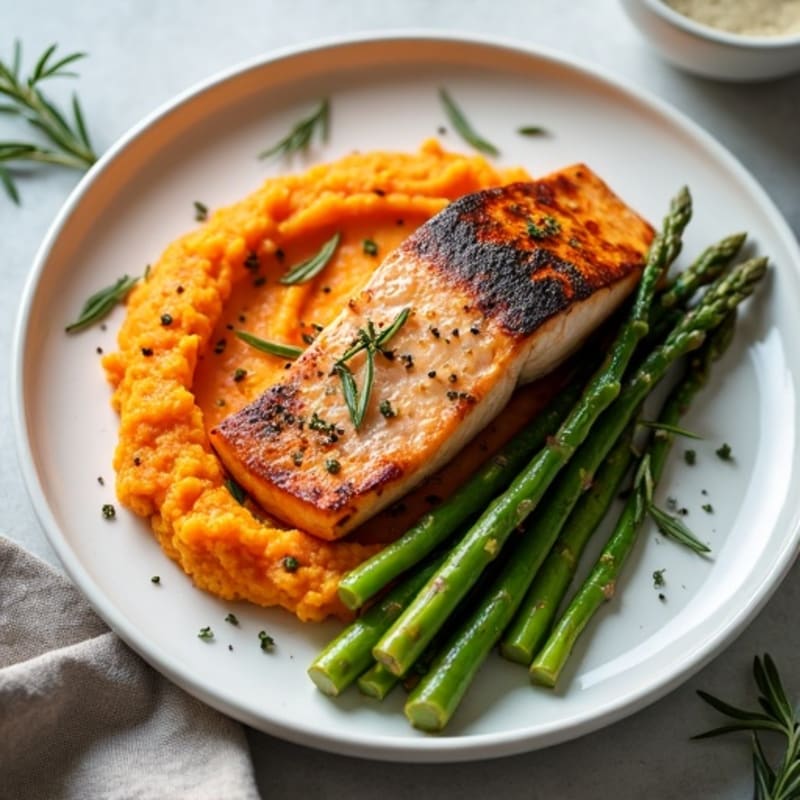 Seared Salmon Fillet with Roasted Asparagus and Sweet Potato Mash