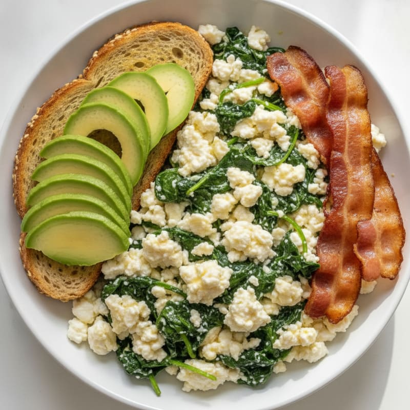 Egg White Spinach Scramble with Cottage Cheese and Turkey Bacon