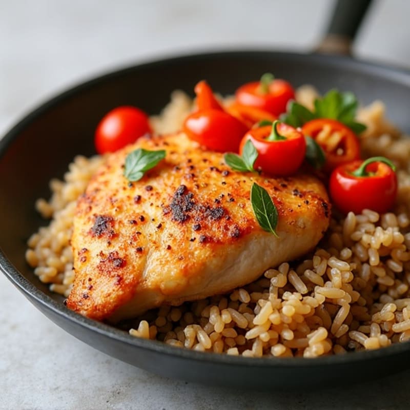 Crispy Skillet Chicken with Savory Brown Rice and Roasted Peppers