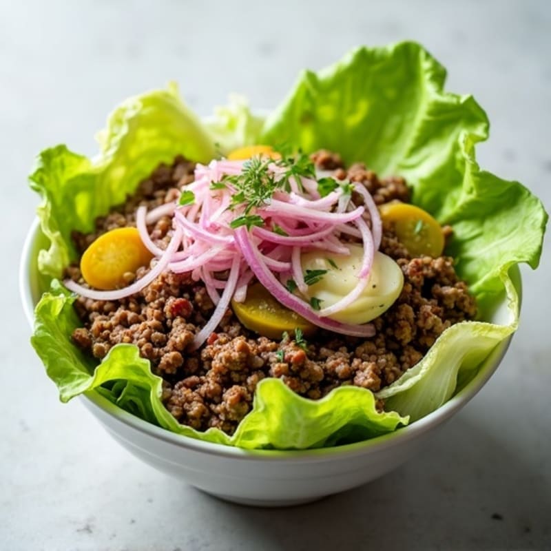 Lean Ground Beef and Crispy Lettuce Bowl with Pickles, Onions, and Creamy Tangy Dressing