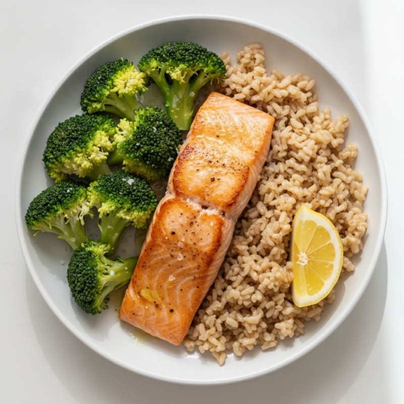 Seared Salmon with Steamed Broccoli and Brown Rice