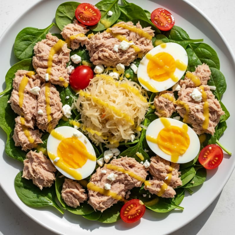 Tuna Spinach Salad with Sauerkraut and Hard-Boiled Eggs