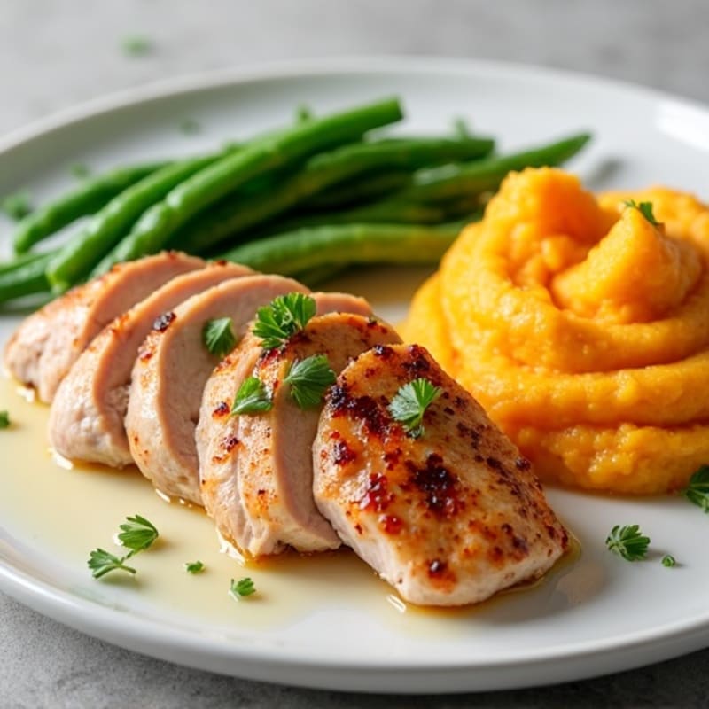 Seared Turkey Breast with Steamed Green Beans and Mashed Sweet Potato