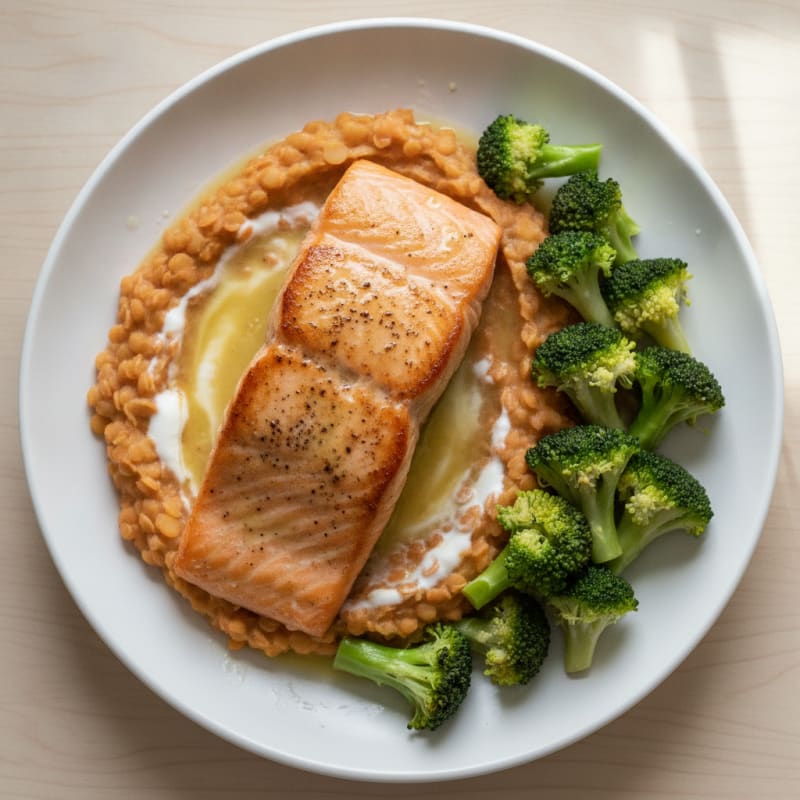 Roasted Salmon with Steamed Broccoli and Lentil Mash
