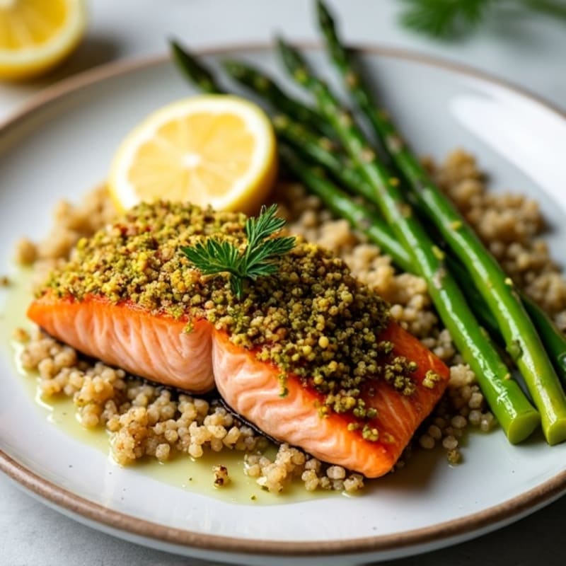 Crispy Pistachio-Crusted Salmon with Lemon-Herb Quinoa and Roasted Asparagus
