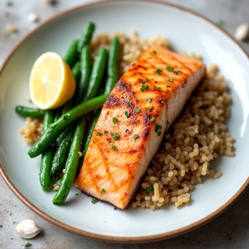 Seared Salmon with Garlic Green Beans and Brown Rice