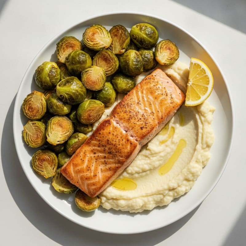 Seared Salmon with Roasted Brussels Sprouts and Cauliflower Mash