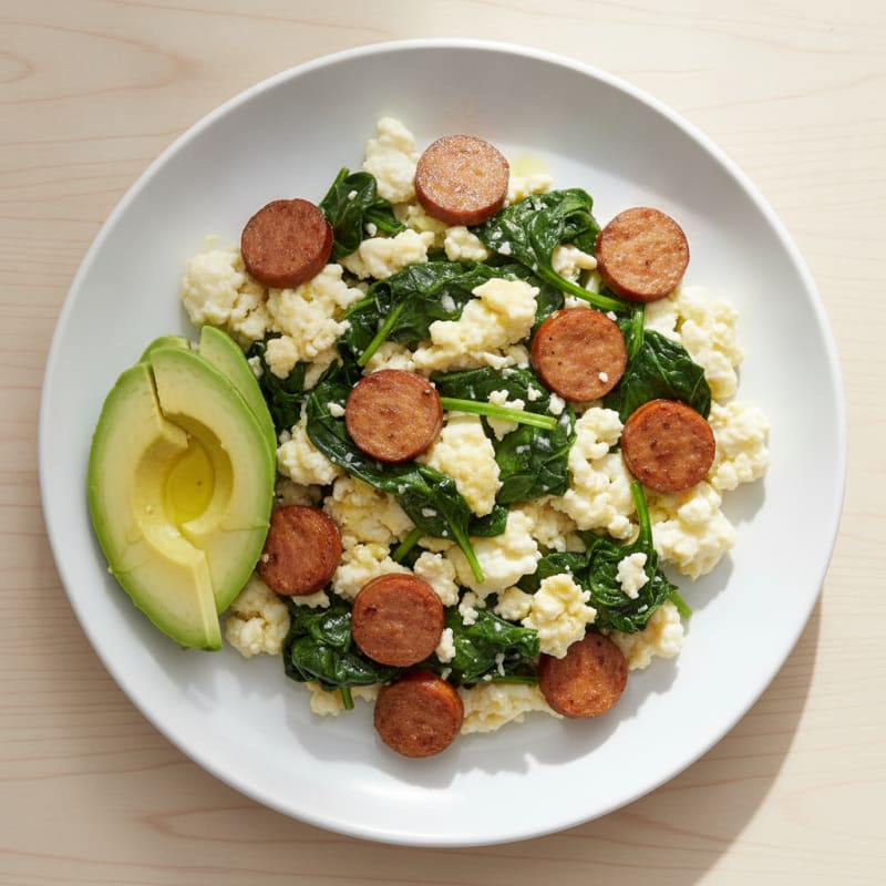 Egg White Spinach Scramble with Turkey Sausage