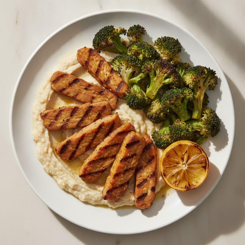 Grilled Tempeh with Roasted Broccoli and Creamy White Bean Mash