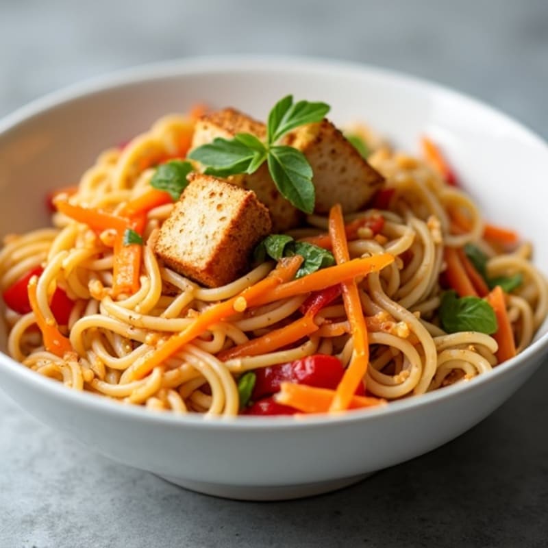 Creamy Peanut Noodles with Crispy Tofu and Fresh Vegetables