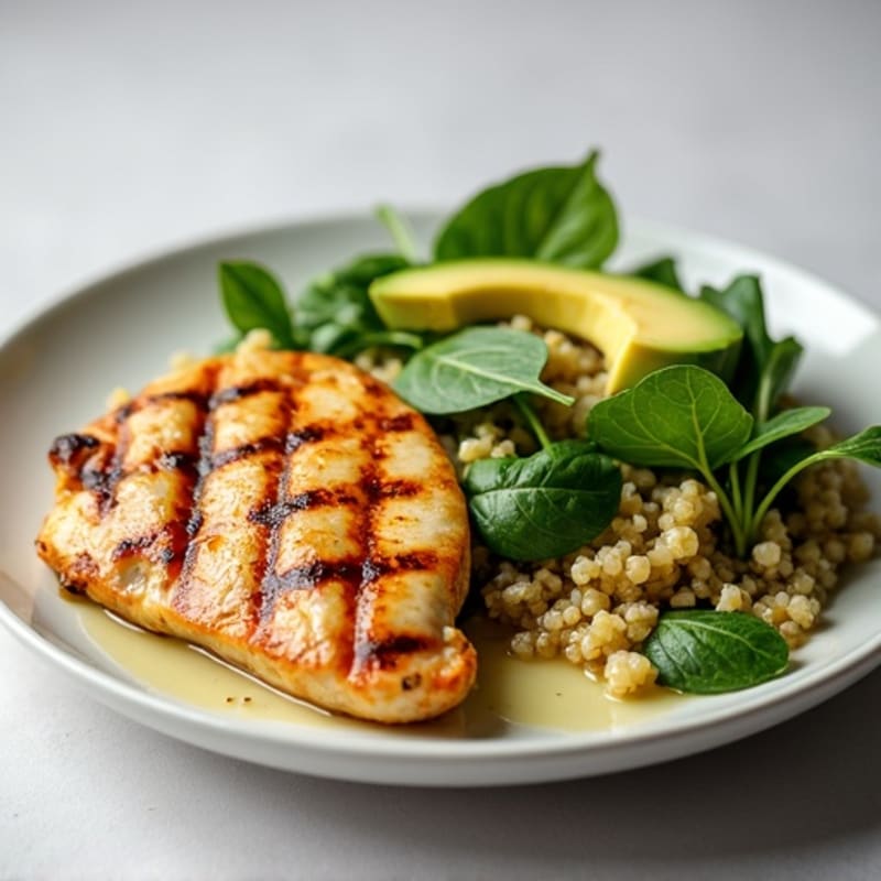 Grilled Chicken Breast with Quinoa Spinach Salad and Lemon Vinaigrette