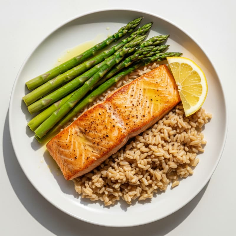Seared Salmon Fillet with Steamed Asparagus and Brown Rice