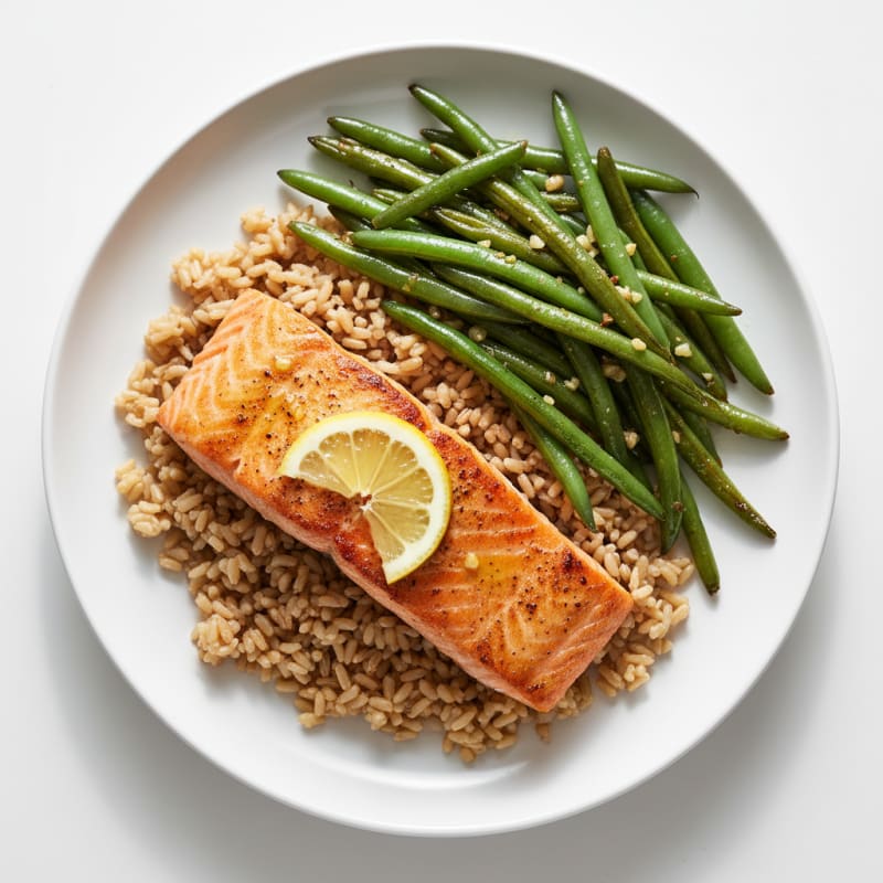 Seared Salmon Fillet with Garlic Green Beans and Brown Rice