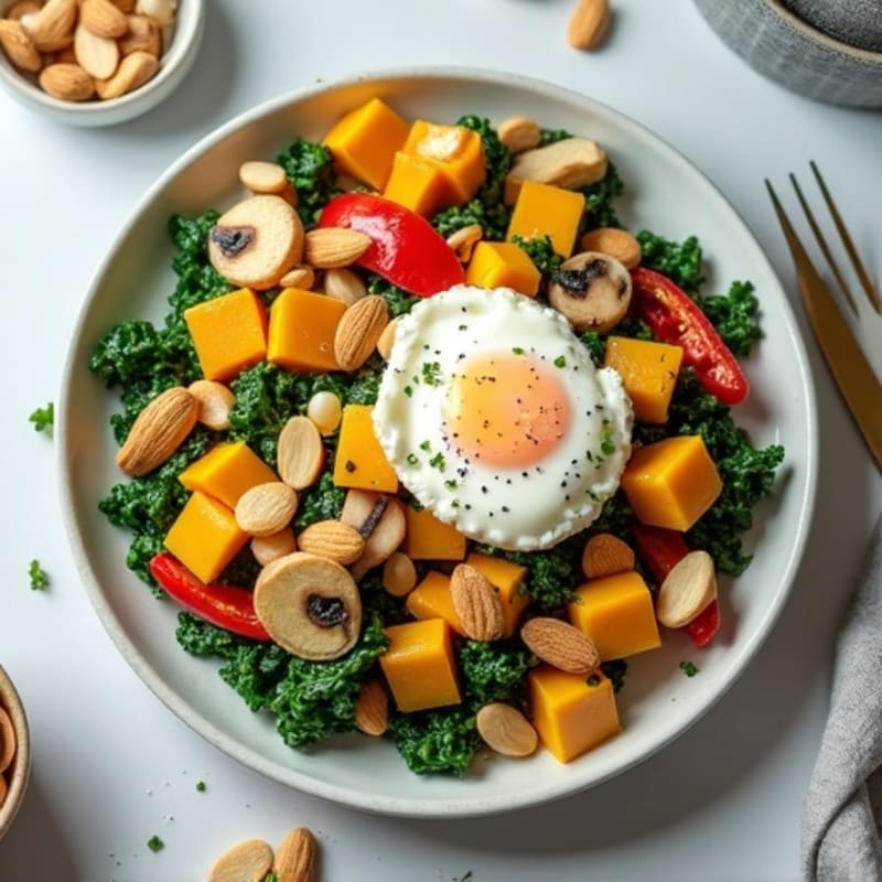 Egg White Veggie Scramble with Cottage Cheese and Sautéed Spinach
