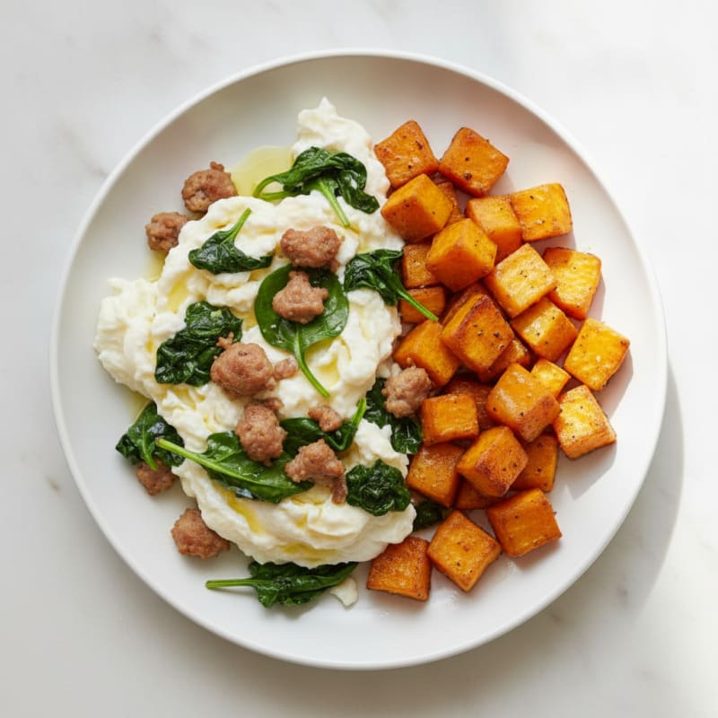 Egg White and Turkey Sausage Scramble with Spinach and Roasted Sweet Potatoes