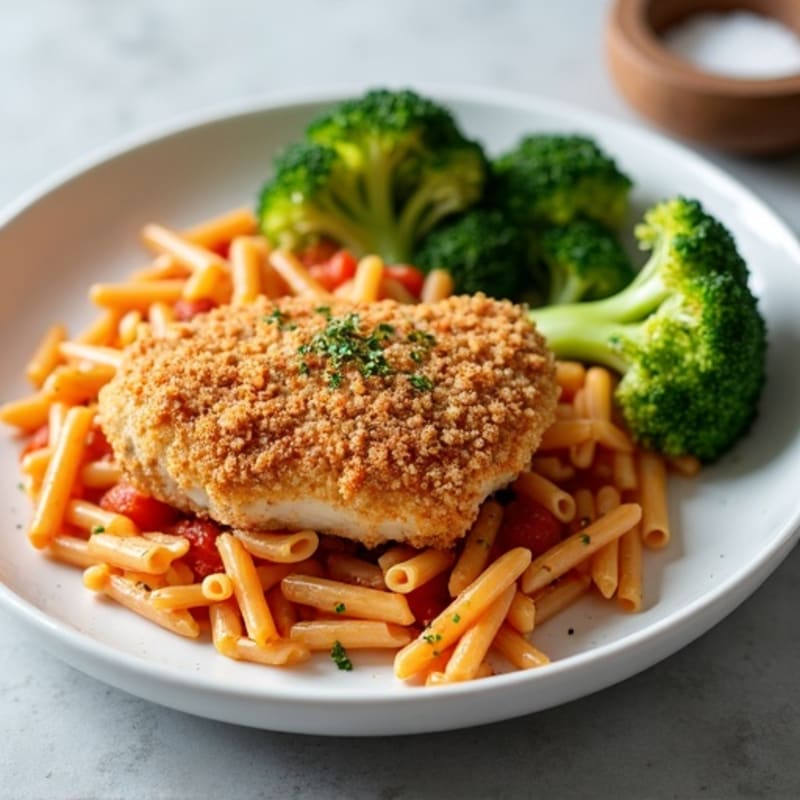 Crispy Pan-Seared Chicken with Creamy Tomato Pasta and Roasted Broccoli