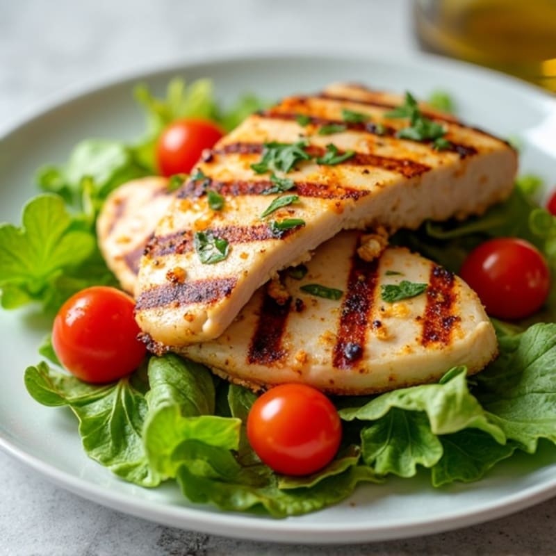 Grilled Chicken Breast over Crisp Romaine with Cherry Tomatoes