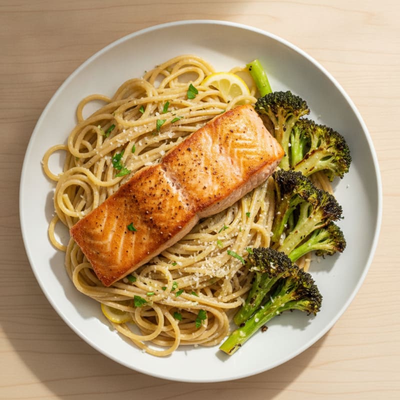 Seared Salmon with Lemon-Garlic Pasta and Roasted Broccoli