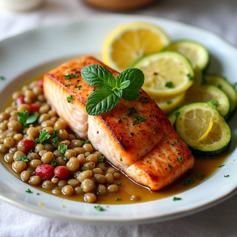 Seared Salmon with Herbed Lentil Salad and Roasted Zucchini