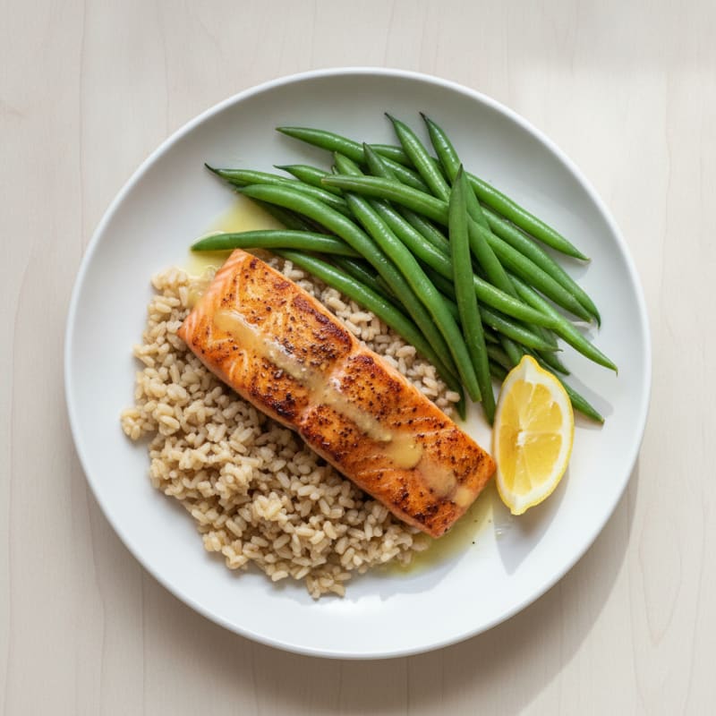Seared Salmon Fillet with Steamed Green Beans and Brown Rice