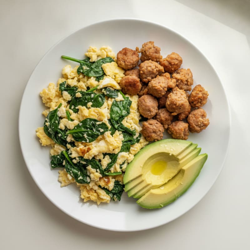 Egg White Spinach Scramble with Turkey Sausage and Sliced Avocado