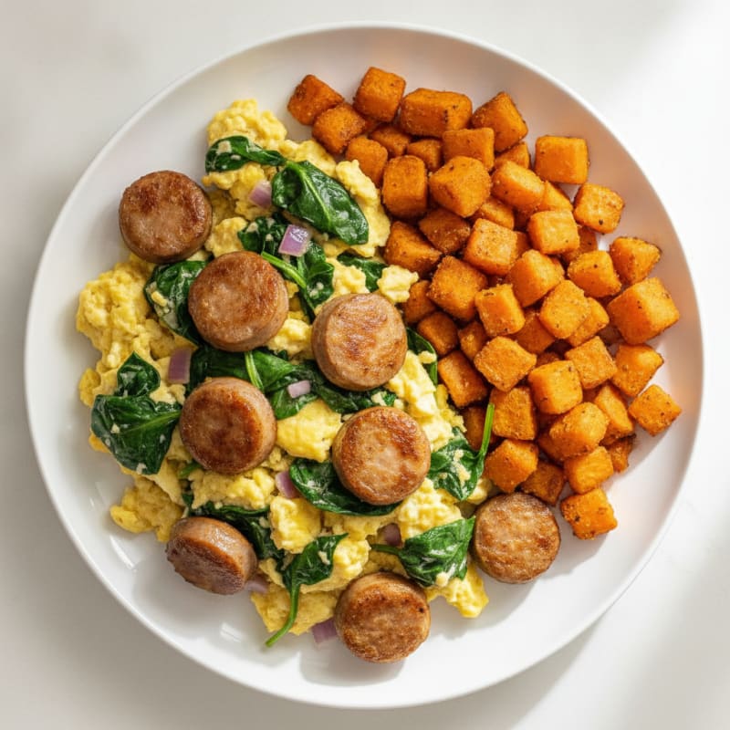 Crispy Turkey Sausage and Spinach Egg Scramble with Sweet Potato Hash