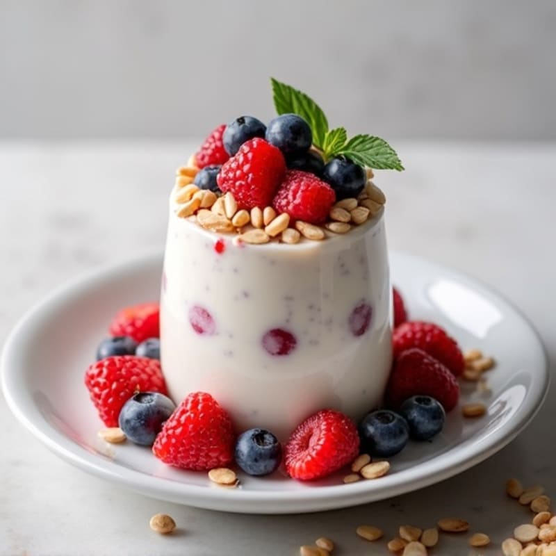 Creamy Vanilla Protein Yogurt with Mixed Berries and Almonds