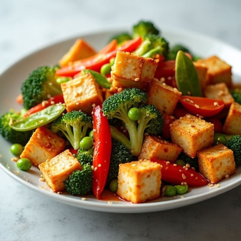 Crispy Sesame Tofu with Colorful Vegetable Stir-Fry