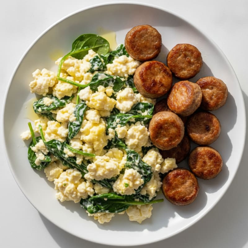 Cottage Cheese Scramble with Sautéed Spinach and Turkey Sausage