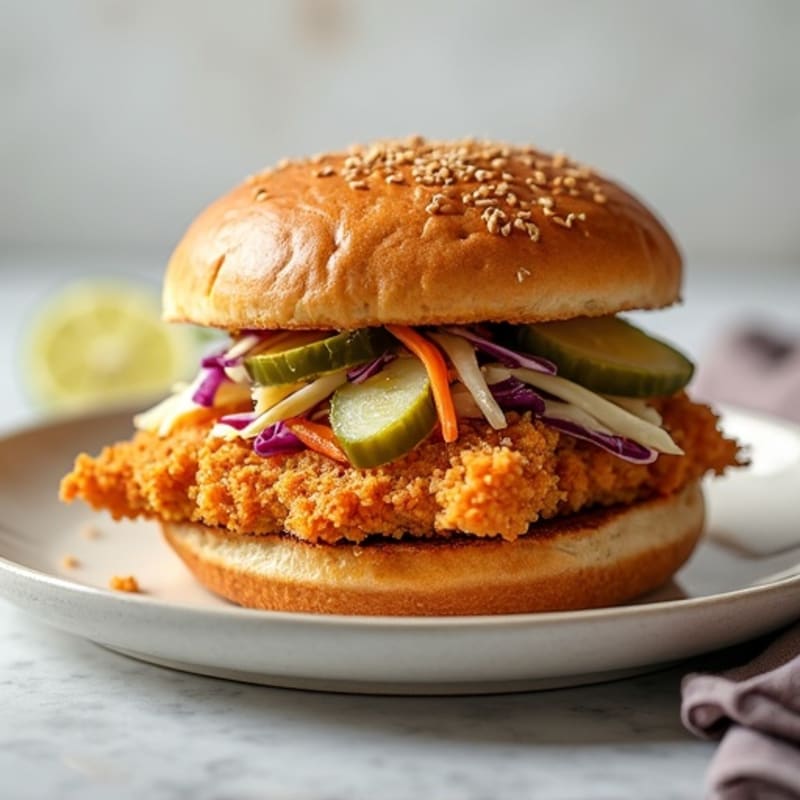 Crispy Baked Chicken Breast Sandwich with Tangy Pickle Slaw
