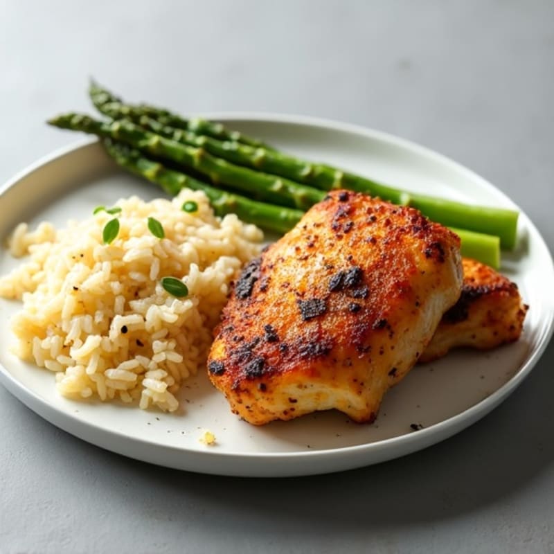 Oven-Baked Crispy Chicken Thighs with Garlic Rice and Roasted Asparagus