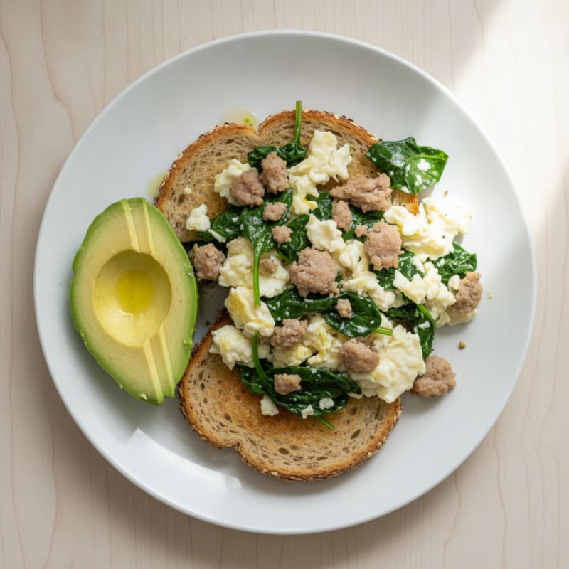 Scrambled Egg Whites with Turkey Sausage and Sautéed Spinach