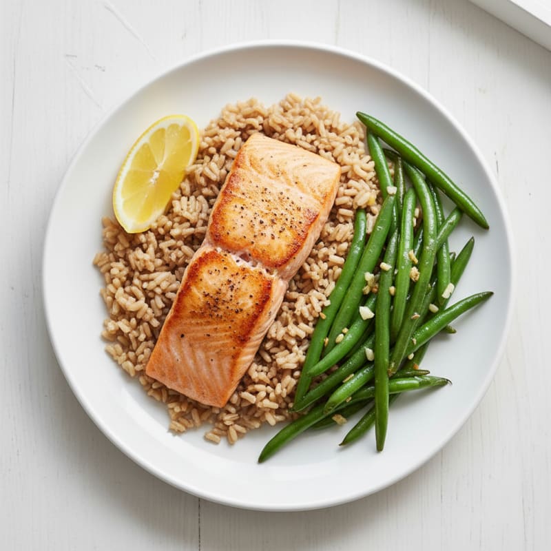 Seared Salmon with Garlic Green Beans and Brown Rice