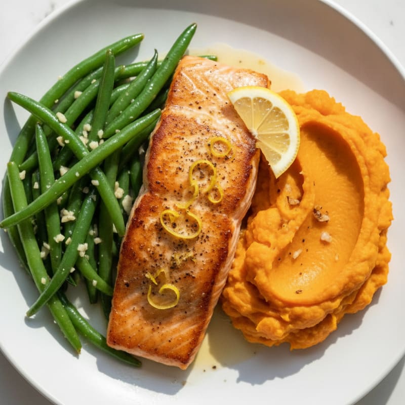 Seared Salmon Fillet with Garlic Green Beans and Sweet Potato Mash