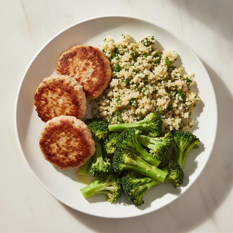 Seared Turkey Patties with Steamed Broccoli and Herb Quinoa