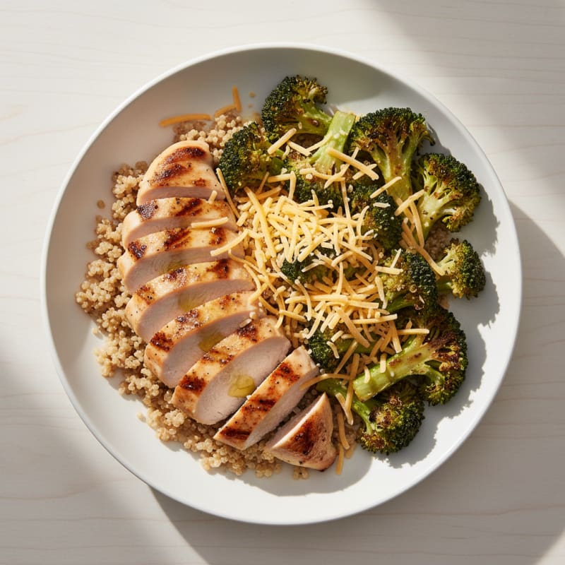 Grilled Chicken Breast with Quinoa and Roasted Broccoli with Shredded Cheddar
