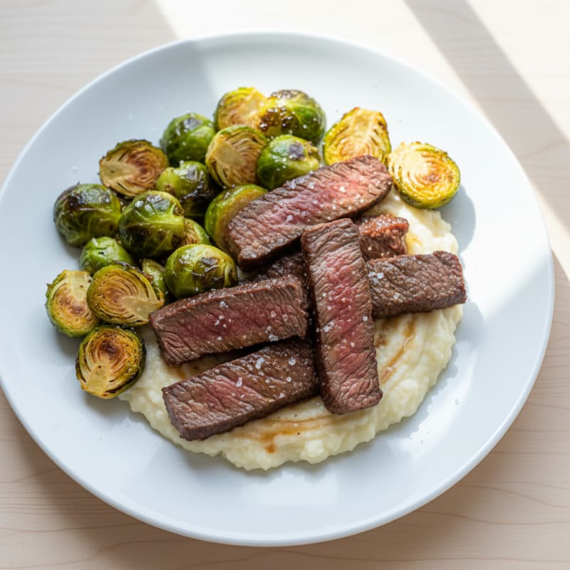 Seared Lean Beef Strips with Roasted Brussels Sprouts and Cauliflower Mash