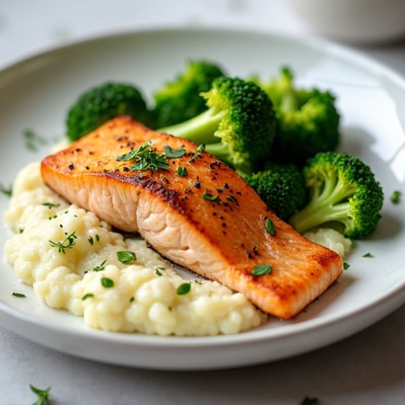 Seared Salmon with Steamed Broccoli and Herbed Cauliflower Mash