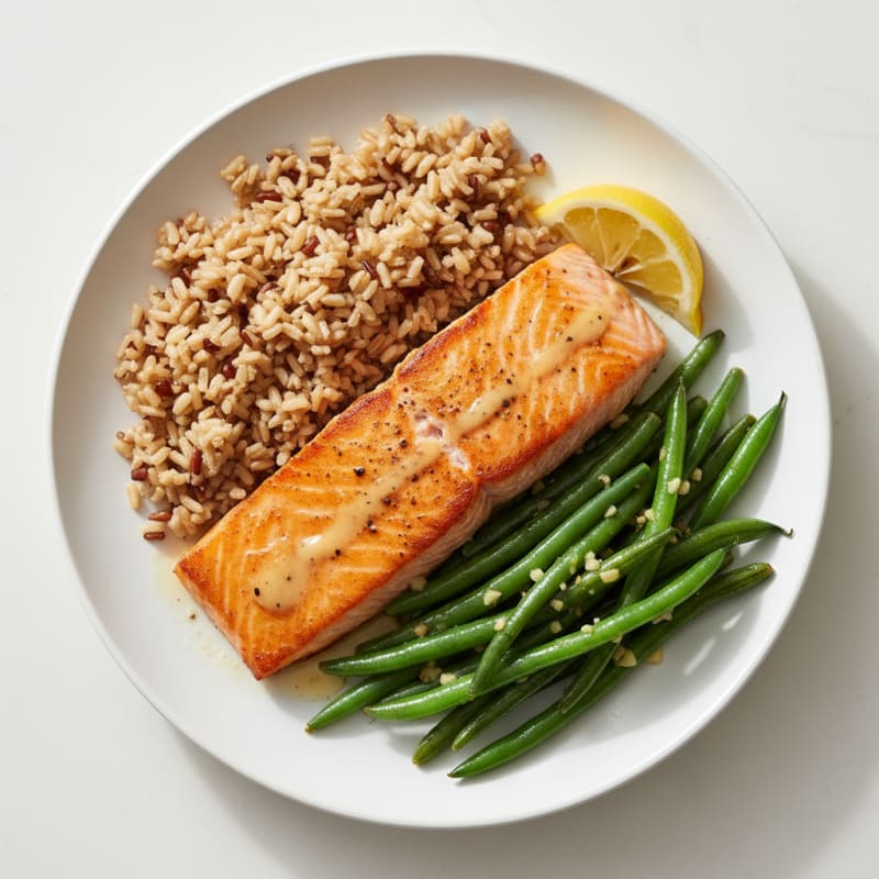 Seared Salmon with Garlic Green Beans and Brown Rice