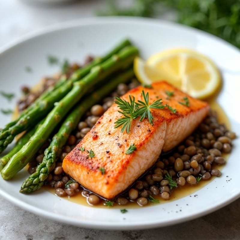 Seared Salmon with Steamed Asparagus and Lentil Salad