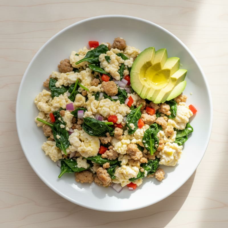 Egg White and Turkey Sausage Scramble with Sautéed Spinach