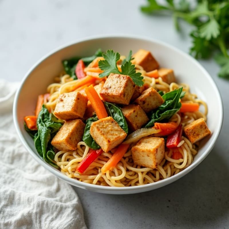 Creamy Thai Peanut Noodles with Crispy Tofu and Fresh Vegetables